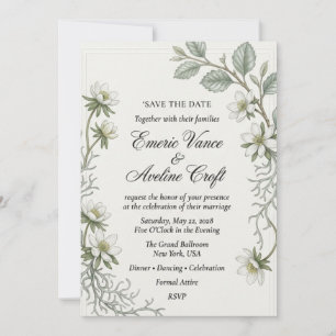 White Wood Anemones, Green Foliage, Fine Line Bord Invitation