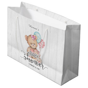 White Wood Balloons & Teddy Bear Girl Baby Shower Large Gift Bag