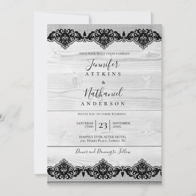 White Wood Black Lace Rustic Elegant Invitation (Front)