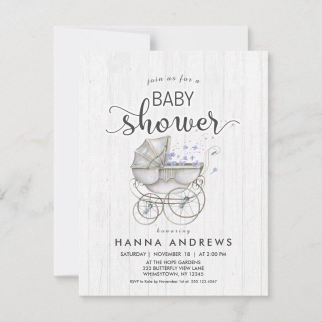 White Wood & Carriage Boy Baby Shower Invitation (Front)