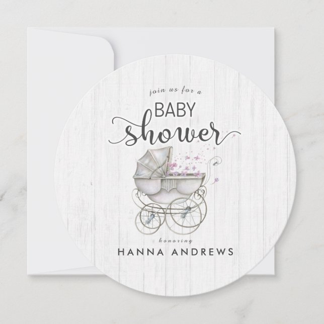 White Wood & Carriage Girl Baby Shower Invitation (Front)