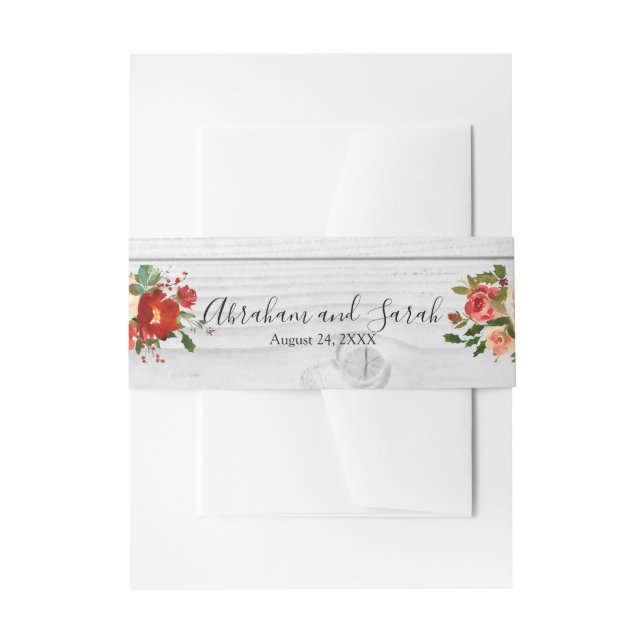 White Wood Chic Custom Rustic Red Floral Roses Invitation Belly Band (Front Example)