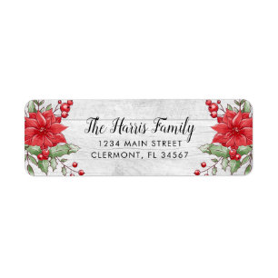 White Wood Christmas Poinsettia Holly Berry Label Return Address Label