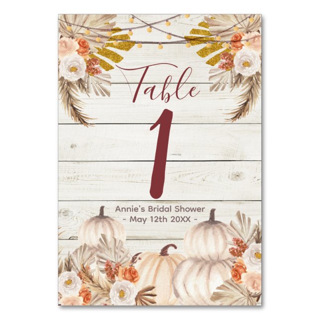White Wood Cream Pumpkin Floral Table Number (Front)