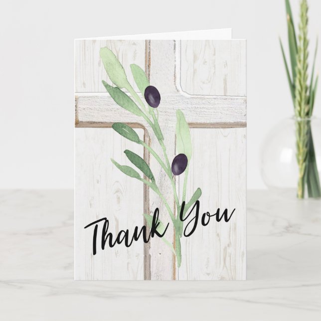 white wood cross olive branch Thank You Card (Front)