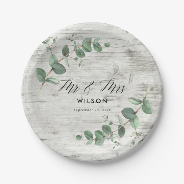 white wood eucalyptus foliage wedding  paper plate (Front)