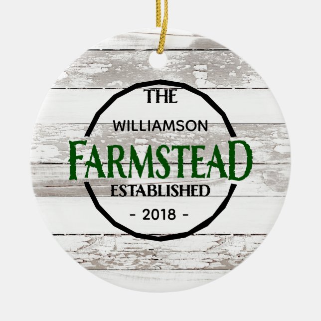 White Wood Farmhouse Family Name Christmas Ceramic Ornament (Front)