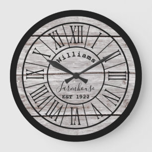 White Wood Farmhouse Family Name Large Clock