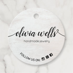 White Wood Floral  2" Round  \Hang Tags