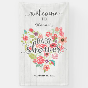 White Wood Floral Heart Girl Baby Shower Welcome Banner