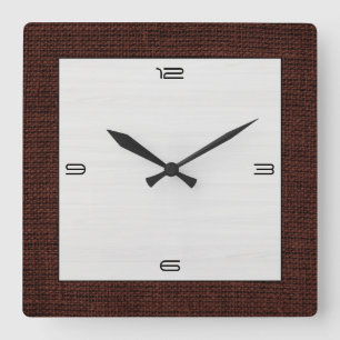 White Wood Grain Modern Burlap Border Square Wall Clock