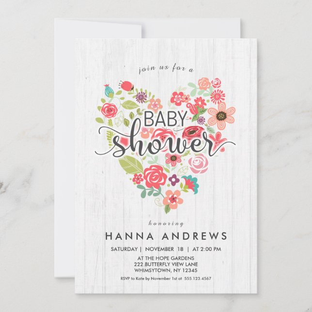 White Wood & Heart Girl Baby Shower Invitation (Front)
