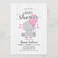 White Wood Pink Elephant Baby Shower Invitation