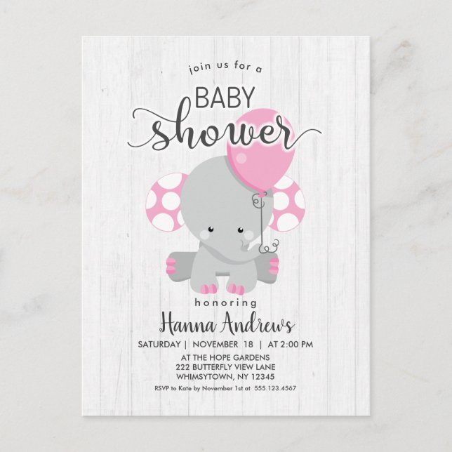 White Wood Pink Elephant Baby Shower Invitation (Front)