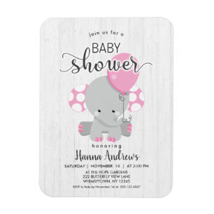 White Wood Pink Elephant Baby Shower Invitation Magnet