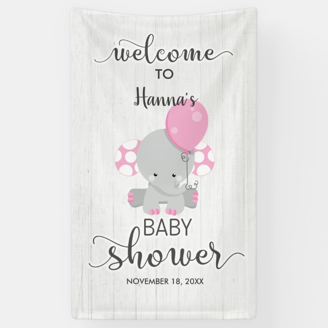 White Wood & Pink Elephant Baby Shower Welcome Banner (Vertical)