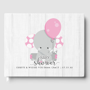 White Wood & Pink Elephant Wishes for Baby Shower Guest Book