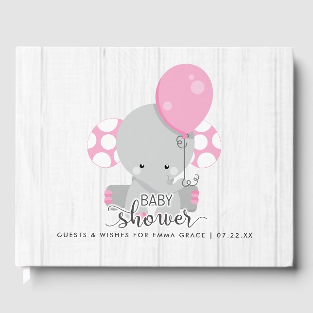 White Wood & Pink Elephant Wishes for Baby Shower Guest Book (Front)