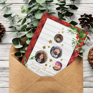 White Wood & Red Plaid Christmas Tree 4 Photo Holiday Postcard