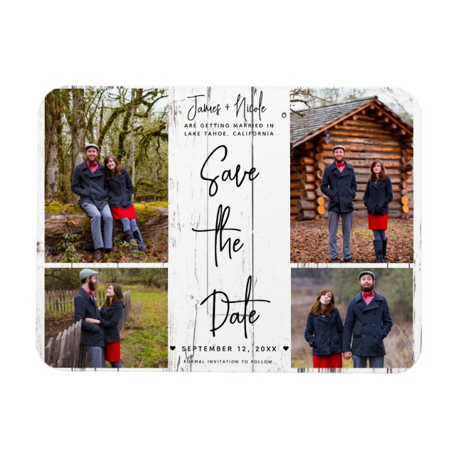 White Wood Rustic 4 Photos Save the Date Wedding  Magnet (Horizontal)