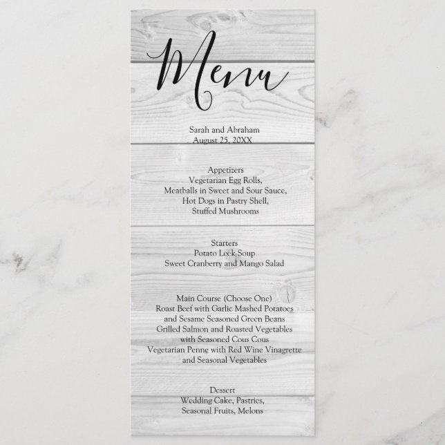 White Wood Rustic Chic Wedding Menu (Front)