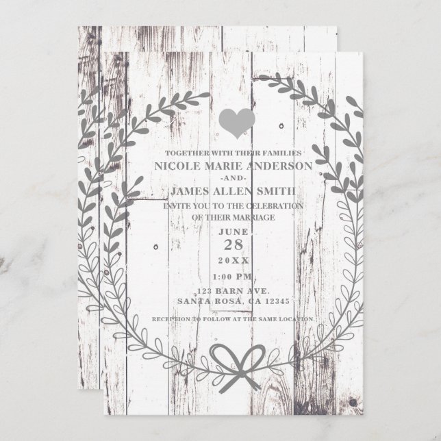 White Wood Rustic Farmhouse Country Wedding Invitation (Front/Back)