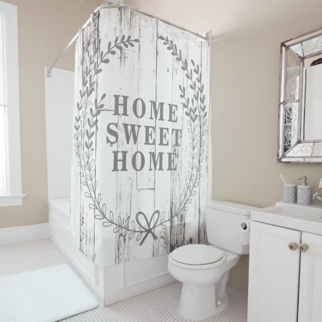 White Wood Rustic Farmhouse Home Sweet Home Shower Curtain (In Situ)