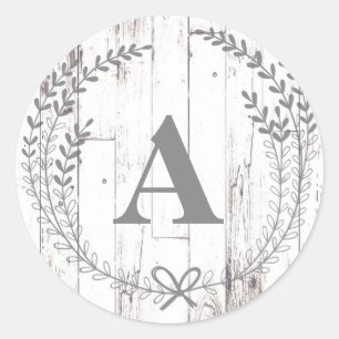 White Wood Rustic Farmhouse Monogram Letter Classic Round Sticker