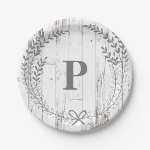 White Wood Rustic Farmhouse Monogram Wedding Paper Plate