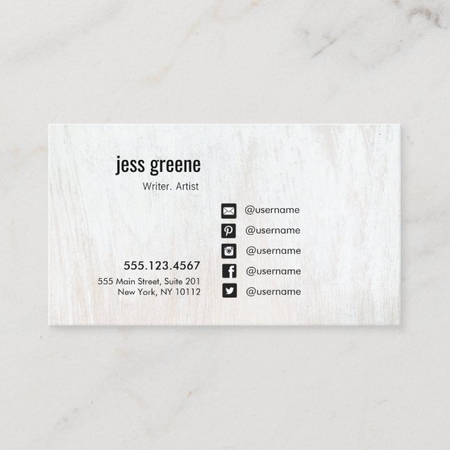 White Wood Social Media Icons Business Card (Front)