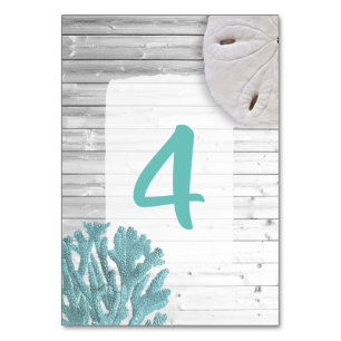 White Wood Teal Coral Wedding Table Number Cards