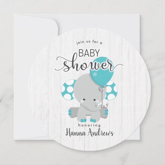 White Wood Teal Elephant Baby Shower Invitation (Front)