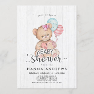 White Wood Teddy Bear Girl Baby Shower Invitation