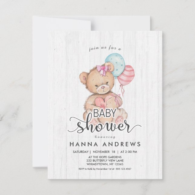 White Wood Teddy Bear Girl Baby Shower Invitation (Front)