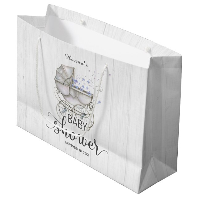 White Wood & Vintage Carriage Boy Baby Shower Large Gift Bag (Front Angled)