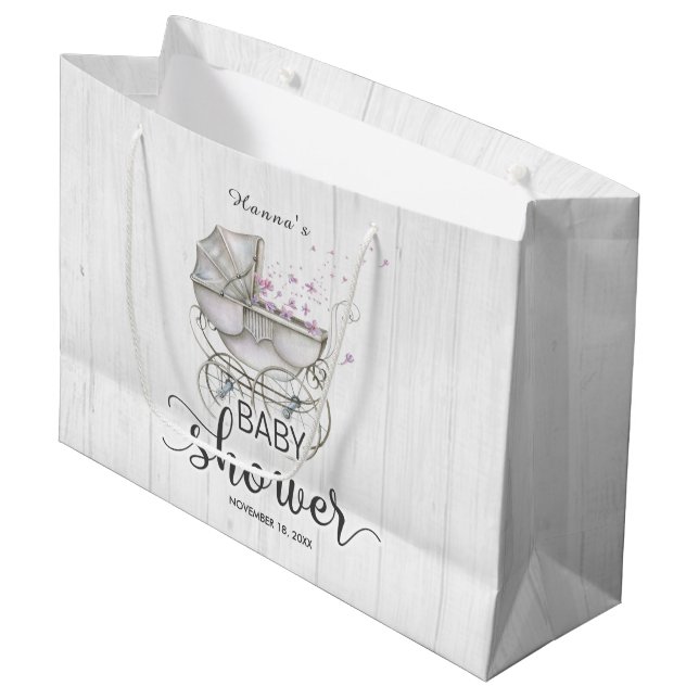 White Wood & Vintage Carriage Girl Baby Shower Large Gift Bag (Front Angled)