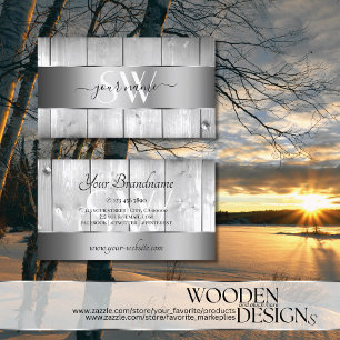 White Wooden Boards Grey Wood with Monogram Silver Business Card