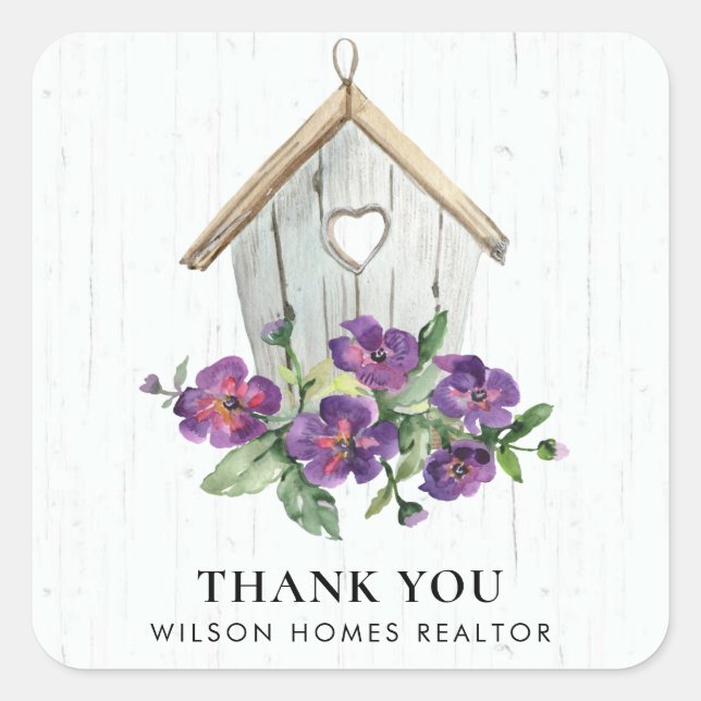 WHITE WOODEN FLORAL BIRDHOUSE THANK YOU REALTOR SQUARE STICKER (Front)
