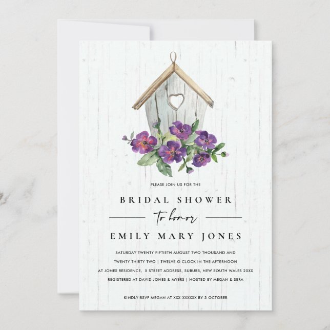 WHITE WOODEN RUSTIC FLORAL BIRDHOUSE BRIDAL SHOWER INVITATION (Front)