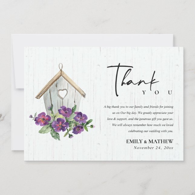 WHITE WOODEN RUSTIC FLORAL BIRDHOUSE WEDDING THANK YOU CARD (Front)