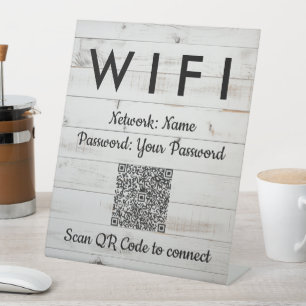 White Wooden WiFi Password Code  QR Code Pedestal Sign