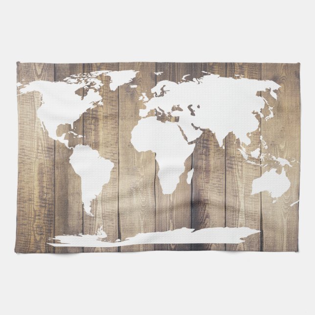 White World Map Rustic Wood Planks Tea Towel (Horizontal)