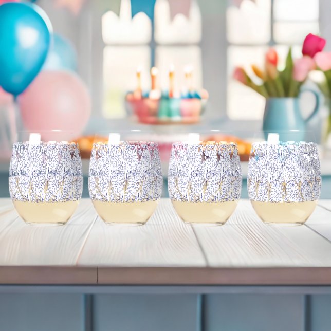 White wrapping paper with a subtle, repeating patt stemless wine glass (Insitu (Baby Shower))