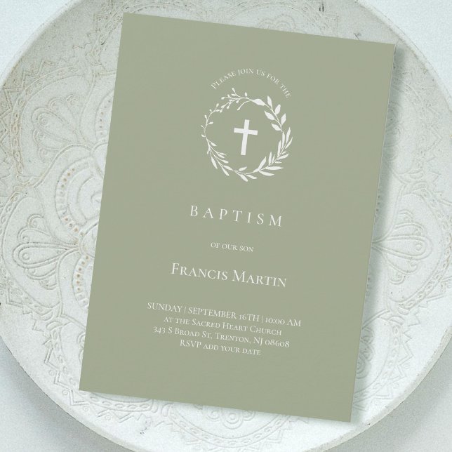 white wreath on olive green | Baptism Invitation (Creator Uploaded)