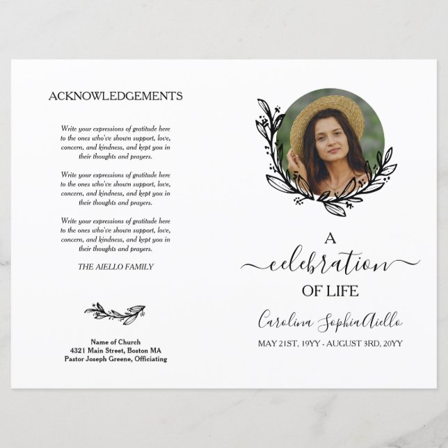 White Wreath Photo Celebration of Life Program (Front)