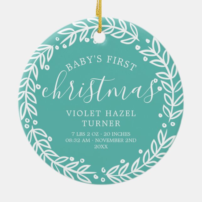 White Wreath | Teal Baby's First Christmas Ceramic Ornament (Back)