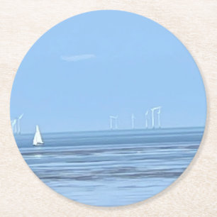 White Yacht and Tranquil Seas Round Paper Coaster