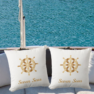 White yacht boat name gold steering wheel coastal cushion