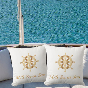 White yacht boat name gold steering wheel coastal cushion