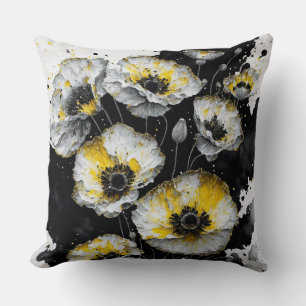 white, yellow and black poppies cushion